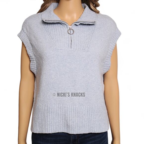 Pink Rose Light Blue Quarter Zip Sweater Vest Ribbed Collar Knit Top Size M - Picture 8 of 15